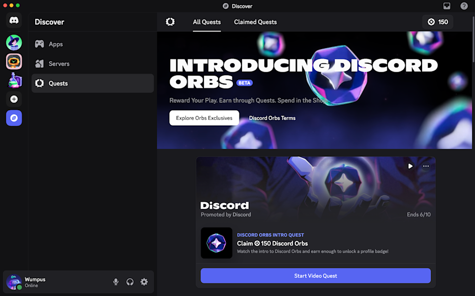 Discord splash screen introducing Orbs virtual currency.