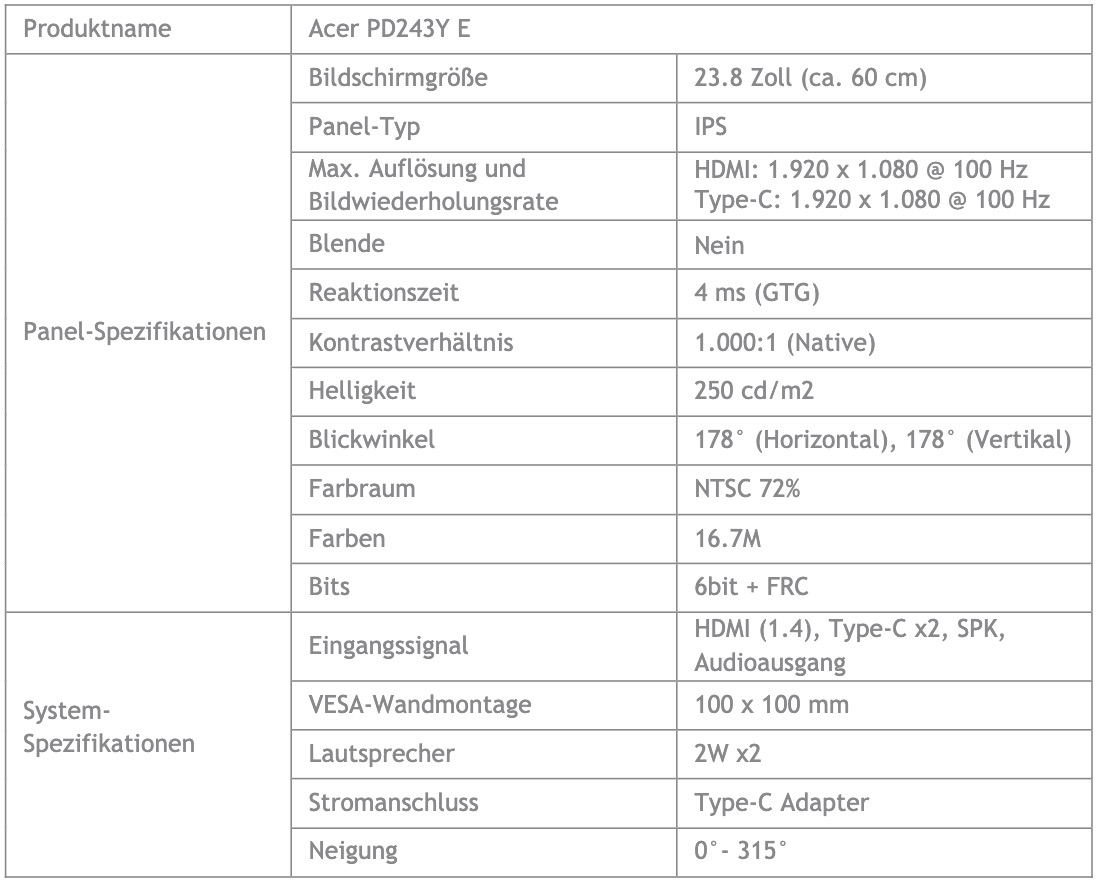 Acer PD243Y E Spezifikationen