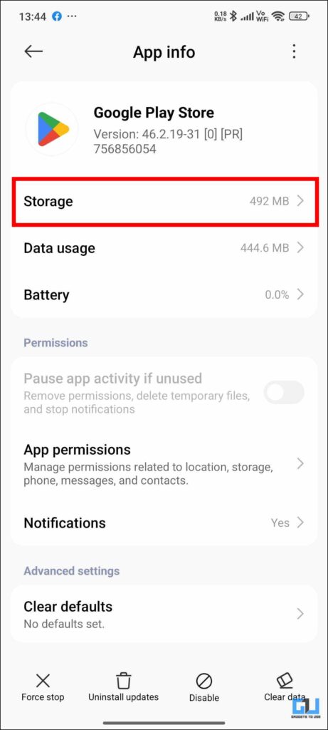 Storage option in Play Store settings