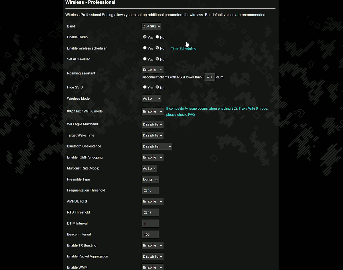 the professional wireless settings