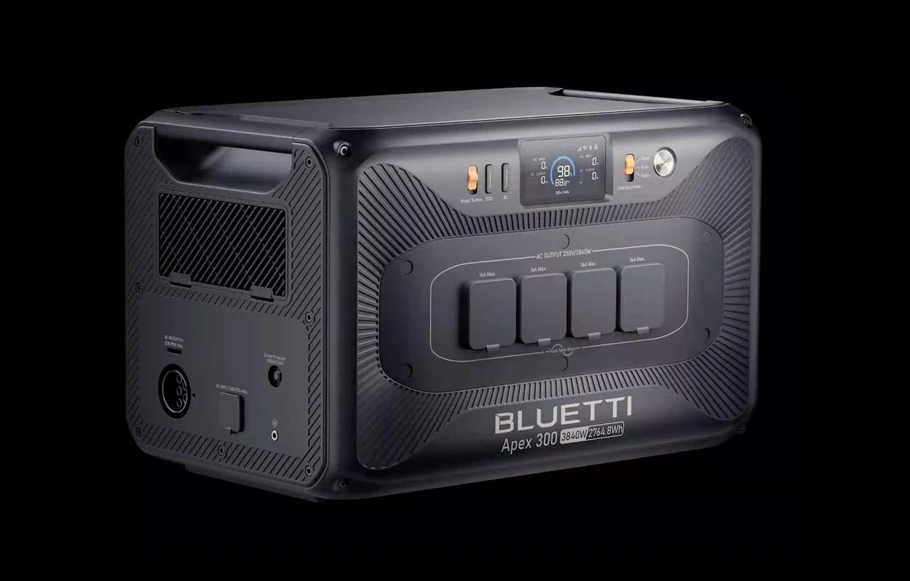BLUETTI Apex 300 showcasing solar charging capabilities for eco-friendly power