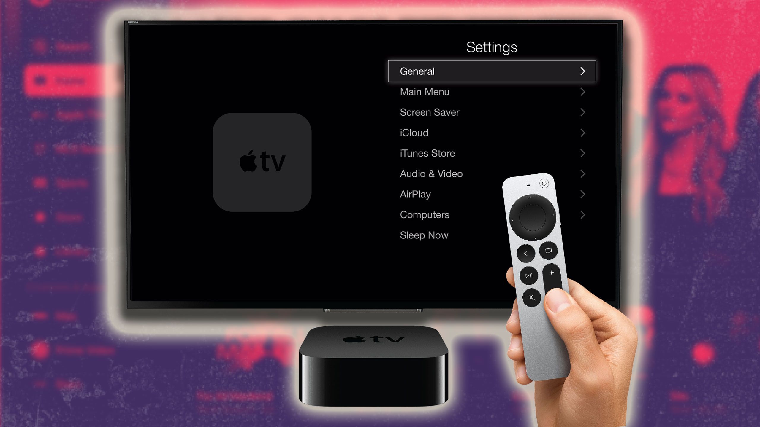 Apple TV and a person holding remote.