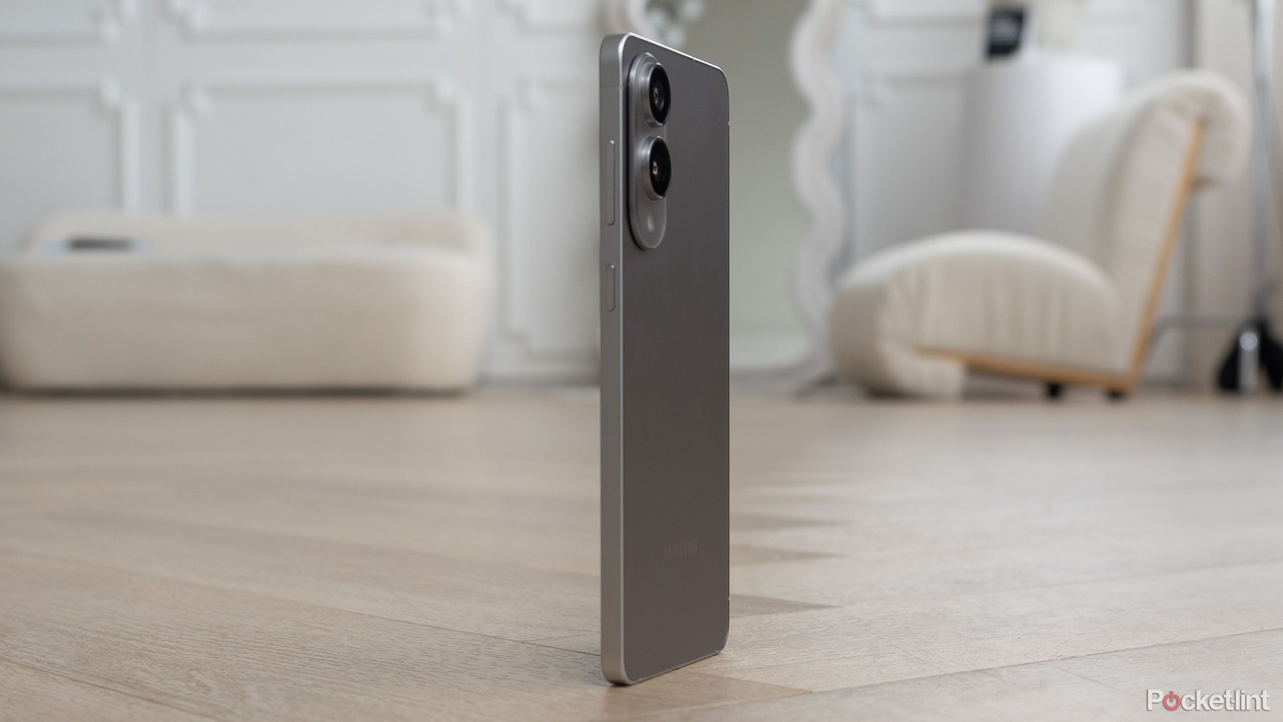 The Galaxy S25 Edge sitting on the floor on its edge